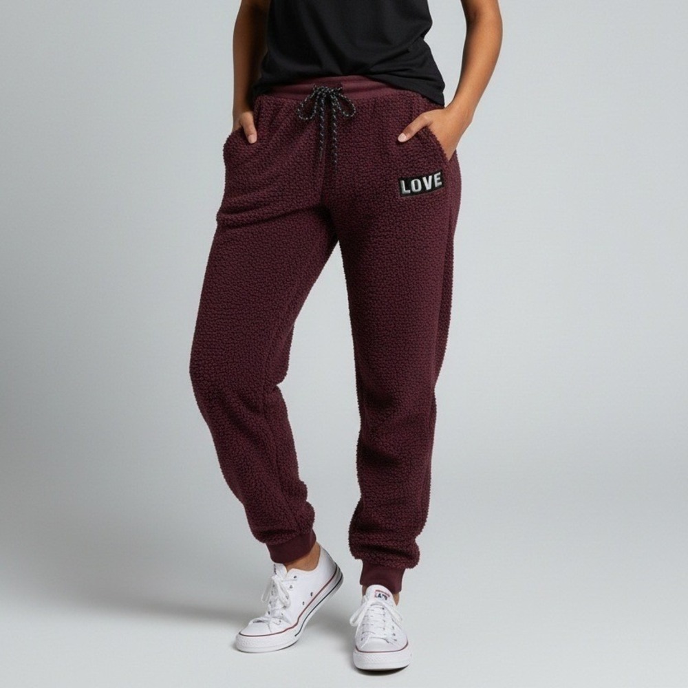 No Boundaries Womens Burgundy Sherpa Fleece LOVE Joggers Size‎ Large 11-13
